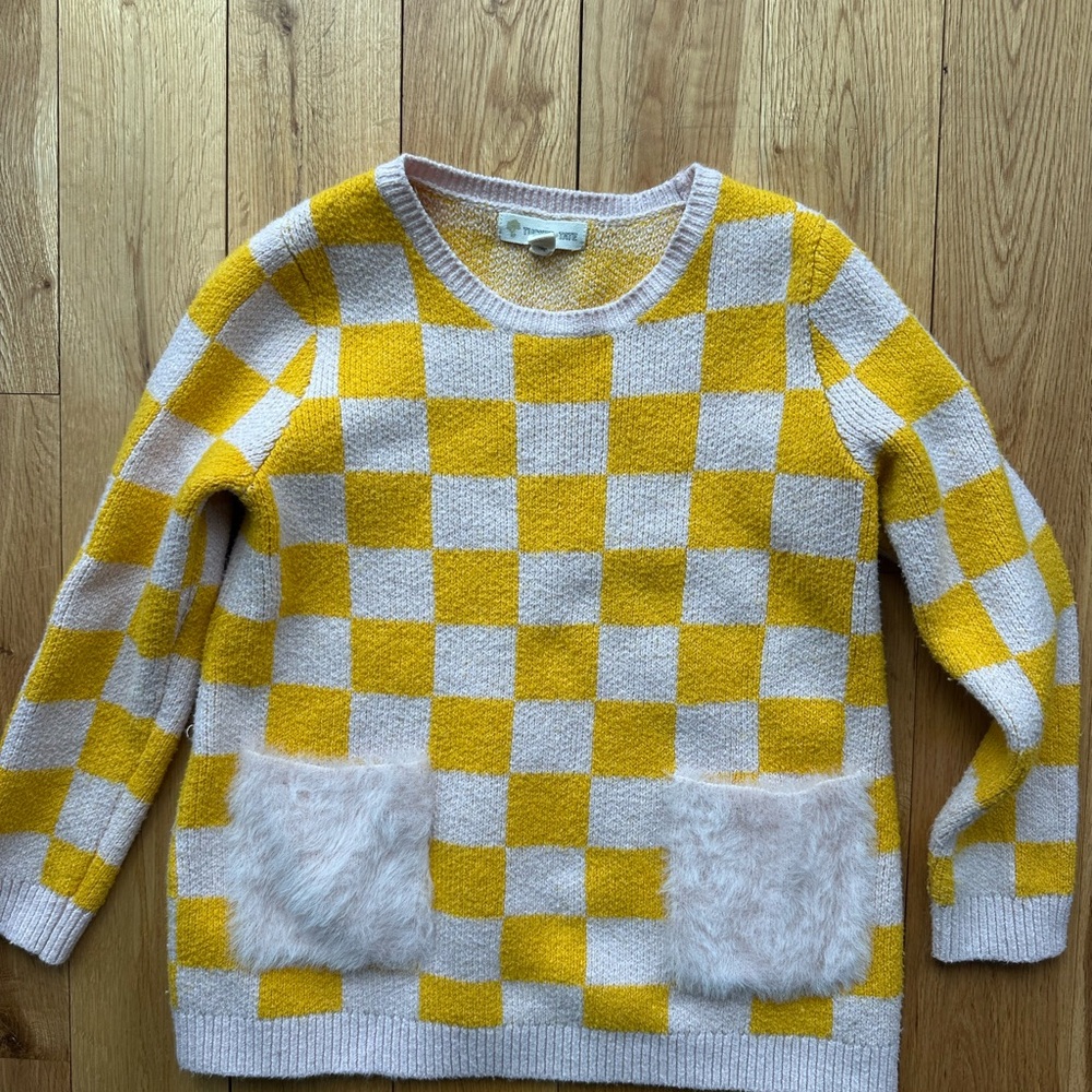 Tucker + Tate Yellow and Pink Checkered Fuzzy Sweater Girls Size 6 Pockets
